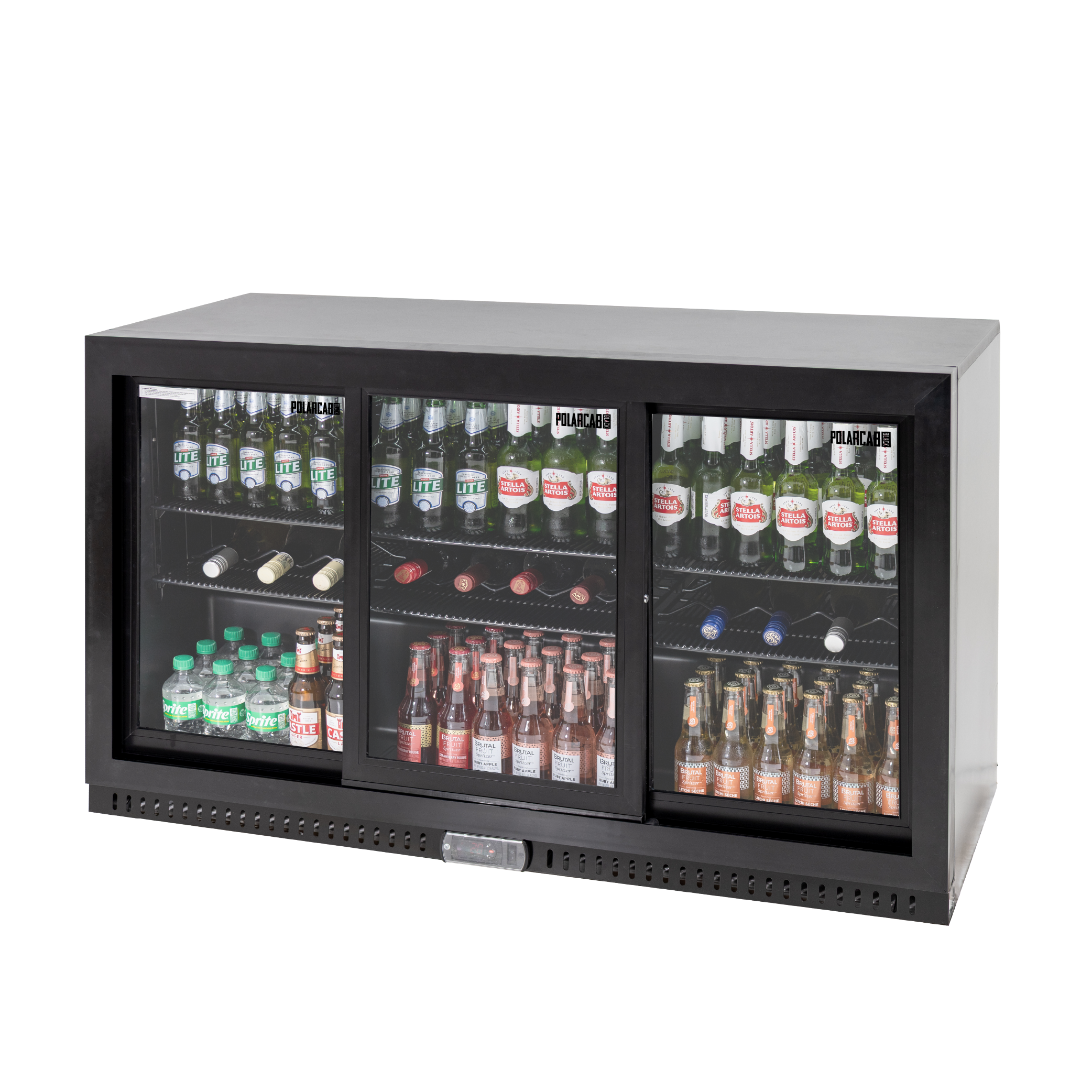 Polarcab Black Back Bar Fridge - 3 Sliding Doors, 297L